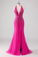 Fuchsia Meerjungfrauen Neckholder Langes Perlenbesetztes Ballkleid mit Schlitz