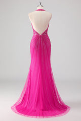 Fuchsia Meerjungfrauen Neckholder Langes Perlenbesetztes Ballkleid mit Schlitz