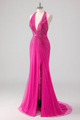 Fuchsia Meerjungfrauen Neckholder Langes Perlenbesetztes Ballkleid mit Schlitz