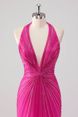 Fuchsia Meerjungfrauen Neckholder Langes Perlenbesetztes Ballkleid mit Schlitz
