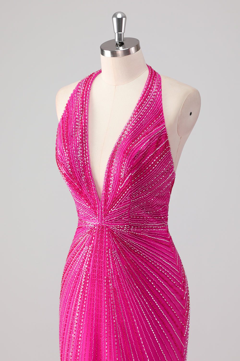 Fuchsia Meerjungfrauen Neckholder Langes Perlenbesetztes Ballkleid mit Schlitz