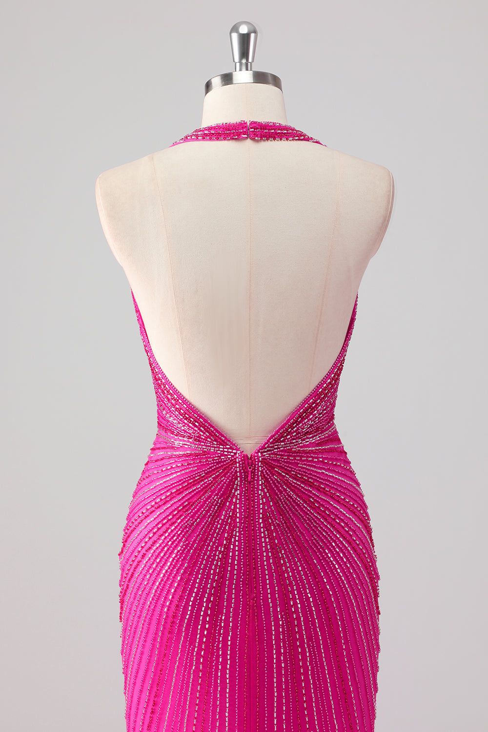 Fuchsia Meerjungfrauen Neckholder Langes Perlenbesetztes Ballkleid mit Schlitz