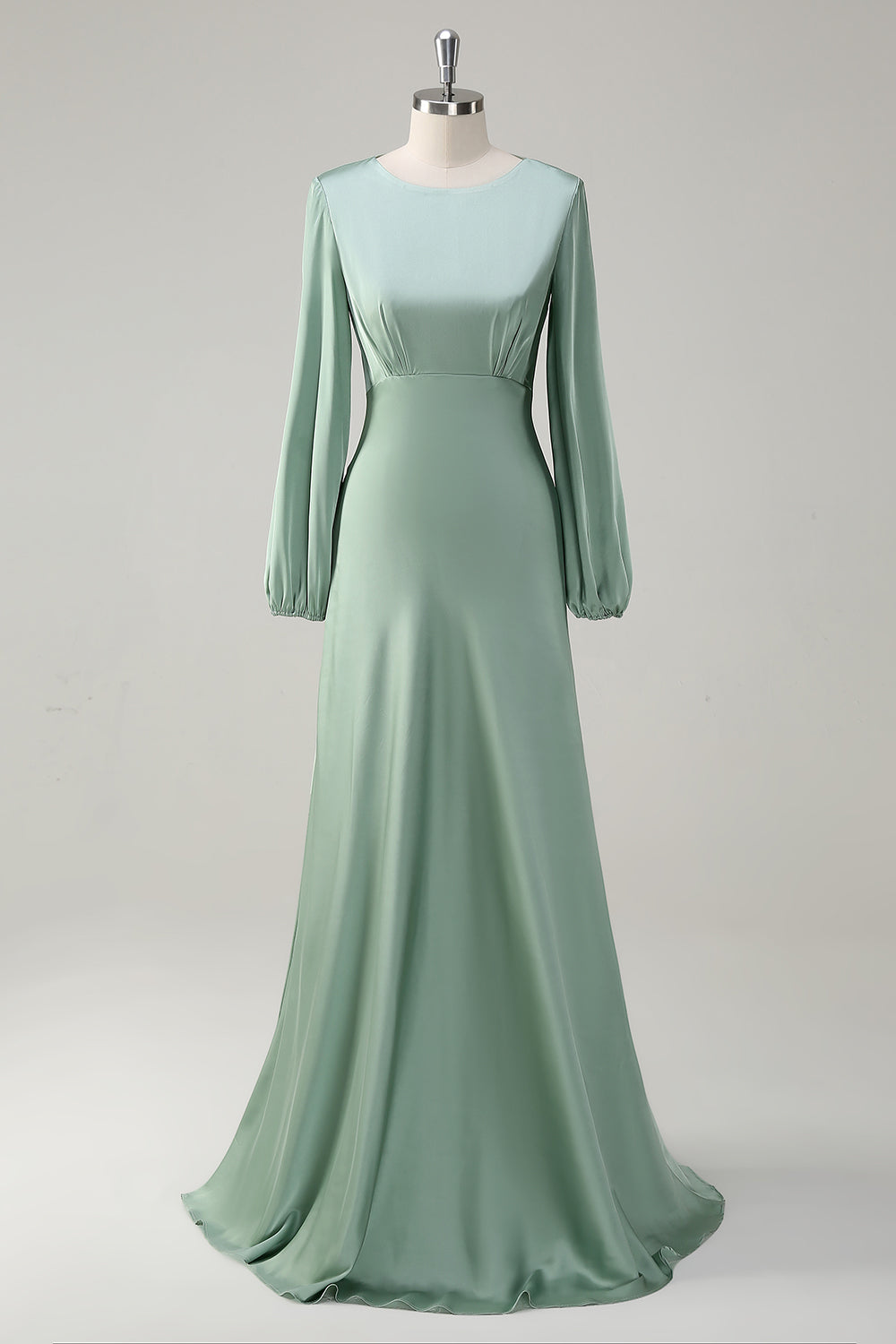 Zapaka Damen Salbei Brautjungfernkleid A-Linie Rundhalsausschnitt Langärmeliges Satin Langes Hochzeitsgast Kleid