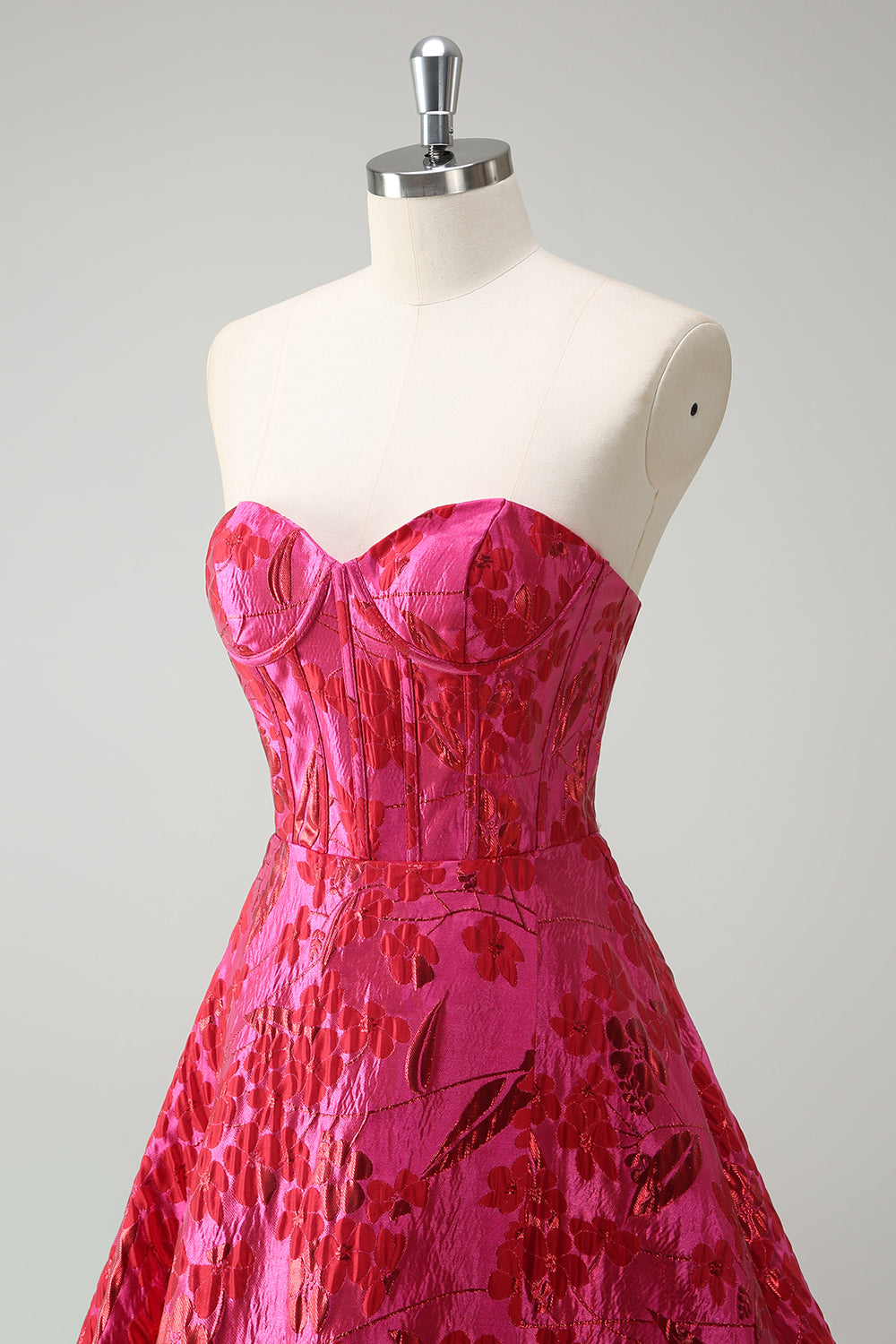 Fuchsia Blumen Jacquard Herzausschnitt Prinzessin Langes Korsett Ballkleid mit Schlitz