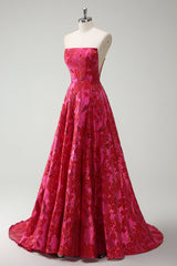 Fuchsia Blumen trägerloses A-Linie Langes Ballkleid