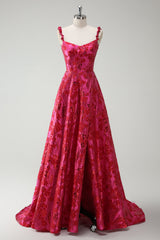 Zapaka Frauen Fuchsia A-Linie Spaghettiträger Abendkleid Blumen Jacquard Langes Ballkleid mit Schlitz