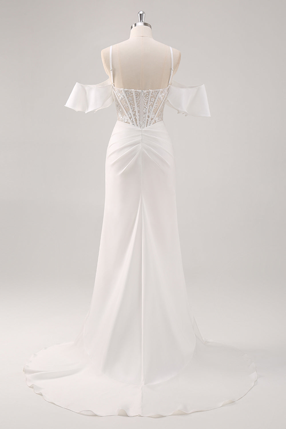 Weißes Meerjungfrau Kalte Schulter Korsett Appliziertes Langes Ballkleid mit Schlitz