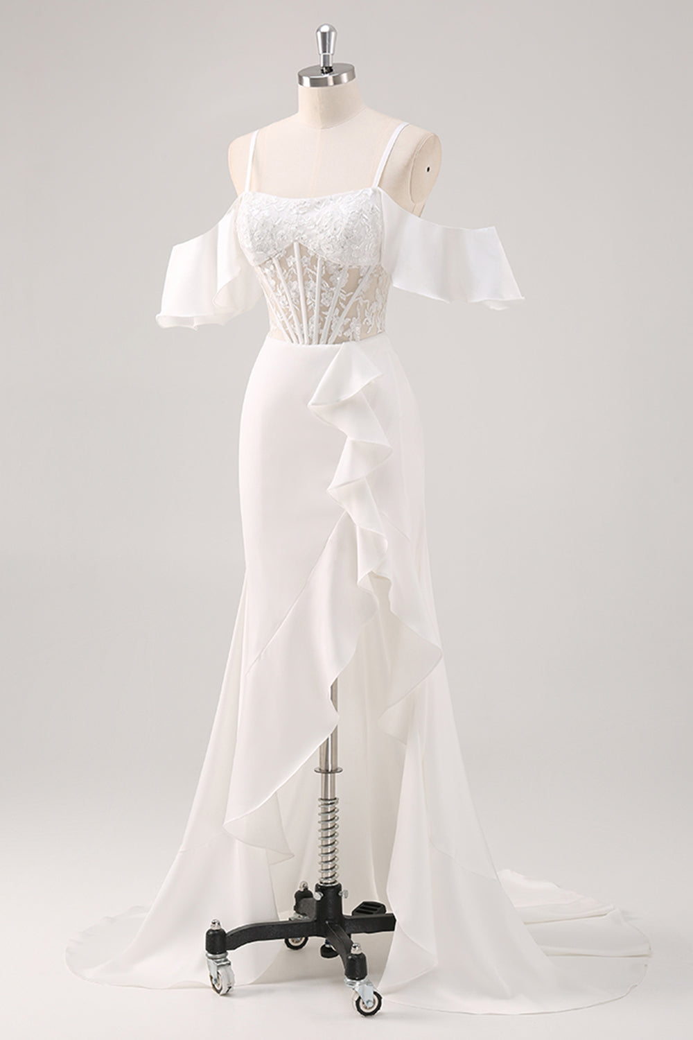 Weißes Meerjungfrau Kalte Schulter Korsett Appliziertes Langes Ballkleid mit Schlitz