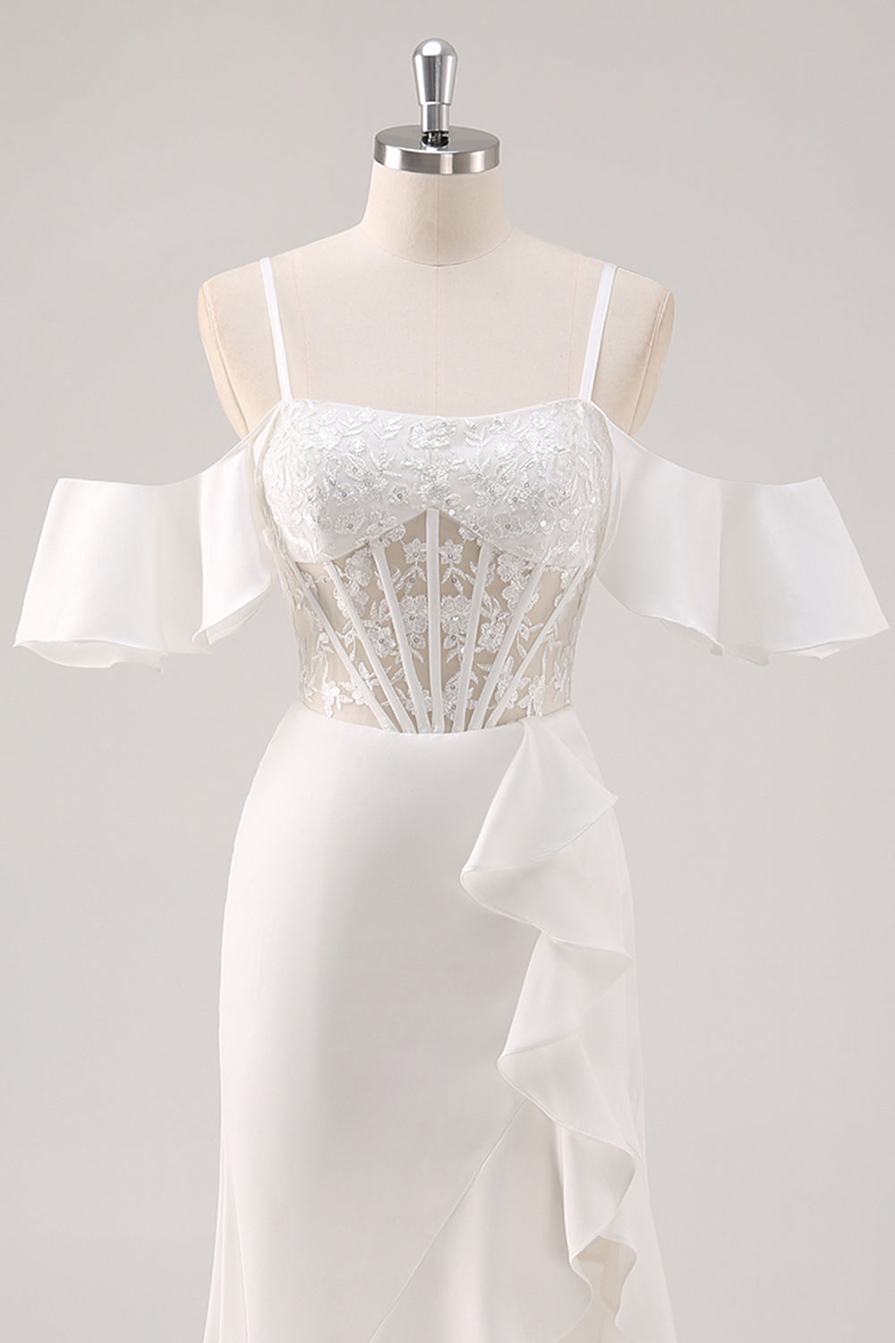 Weißes Meerjungfrau Kalte Schulter Korsett Appliziertes Langes Ballkleid mit Schlitz