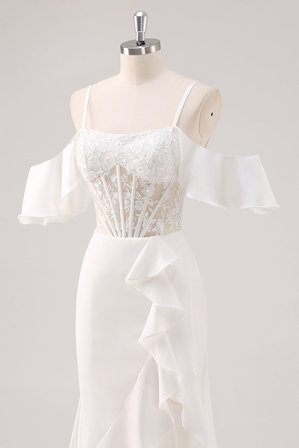 Weißes Meerjungfrau Kalte Schulter Korsett Appliziertes Langes Ballkleid mit Schlitz