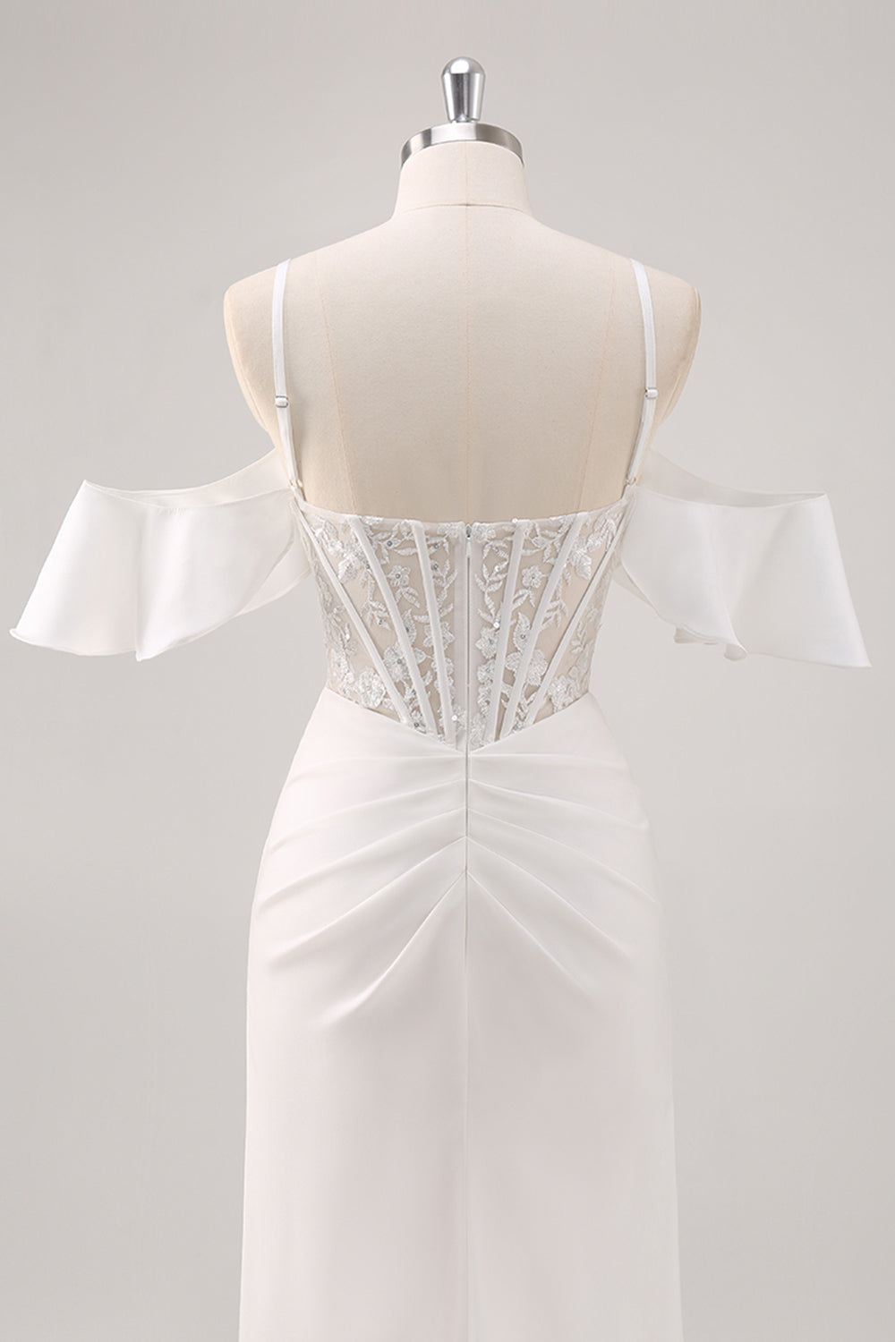 Weißes Meerjungfrau Kalte Schulter Korsett Appliziertes Langes Ballkleid mit Schlitz