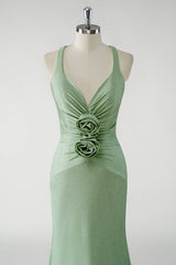 Grünes Langes Ballkleid mit 3D-Blumen