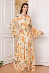 Gelbes geblümtes A-Linie Chiffon Kleid mit langen Ärmeln