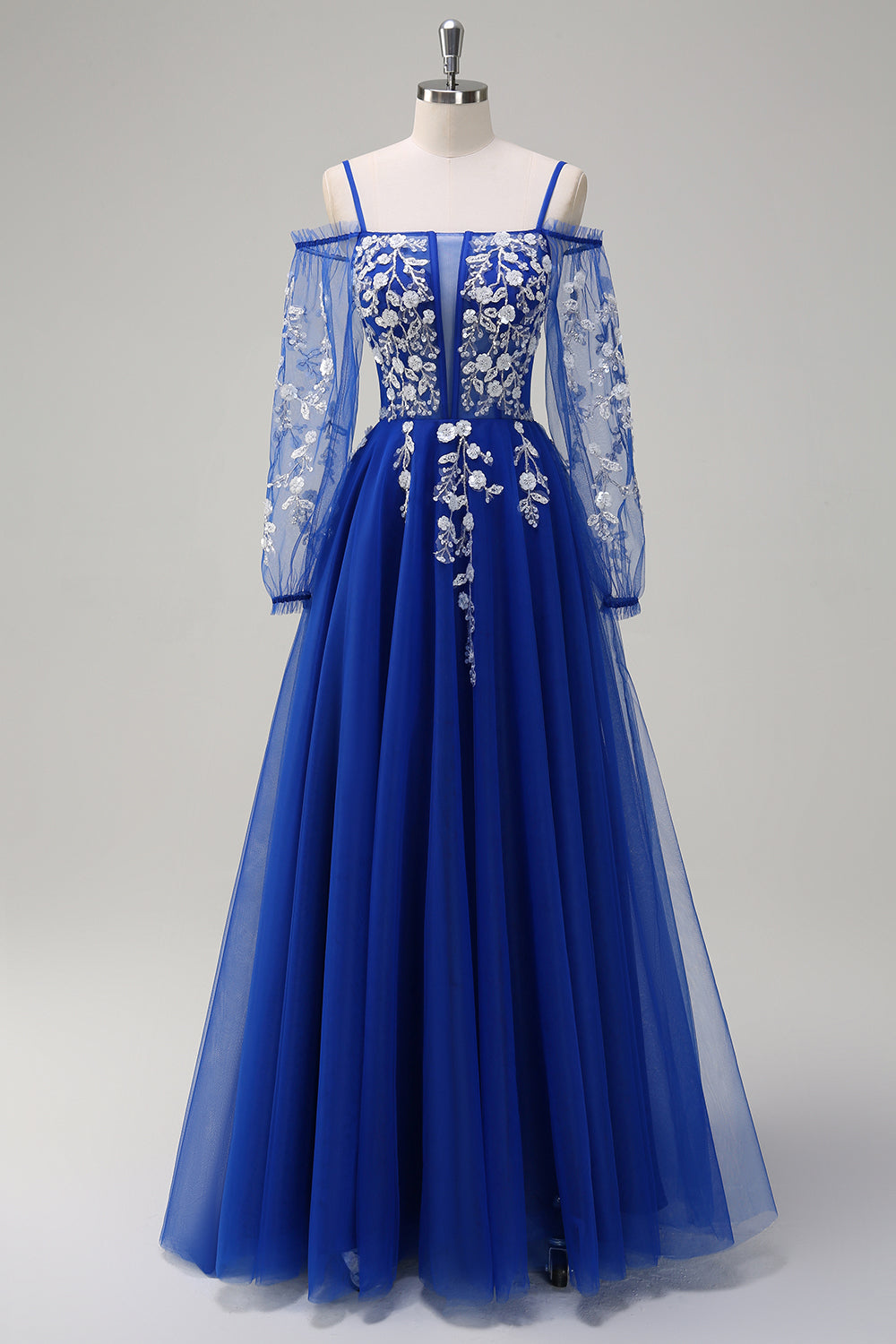 Blush Blumen A Linie Kalte Schulter Langes Ballkleid mit langen Ärmeln
