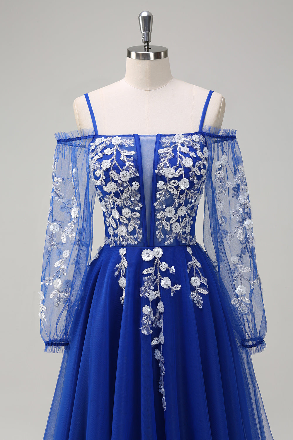 Blush Blumen A Linie Kalte Schulter Langes Ballkleid mit langen Ärmeln