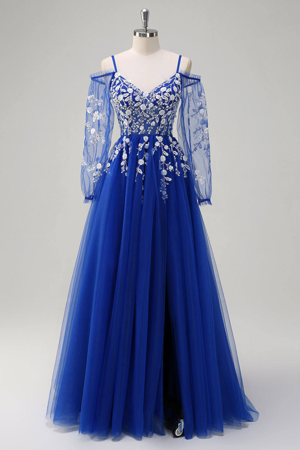 Blush A-Linie Kalte Schulter Korsett Appliziertes langes Ballkleid mit Schlitz