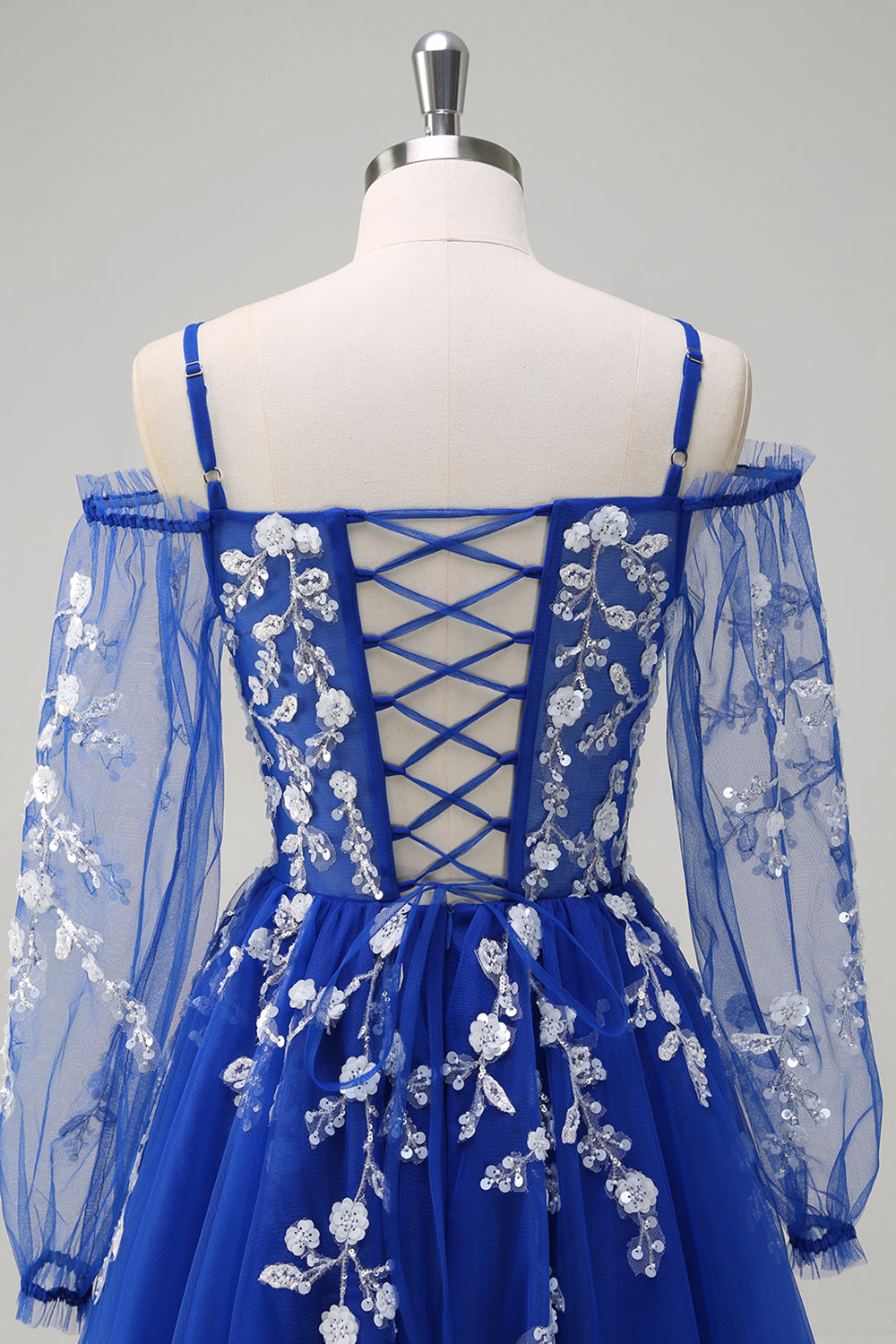 Königsblaues A-Linie Langes Pailletten Applikation Tüll Ballkleid mit Kalte Schultern und schlitz
