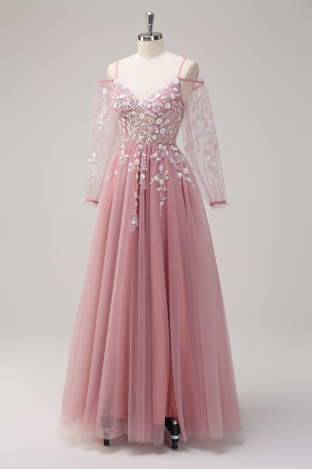 Blush A-Linie Kalte Schulter Korsett Appliziertes langes Ballkleid mit Schlitz