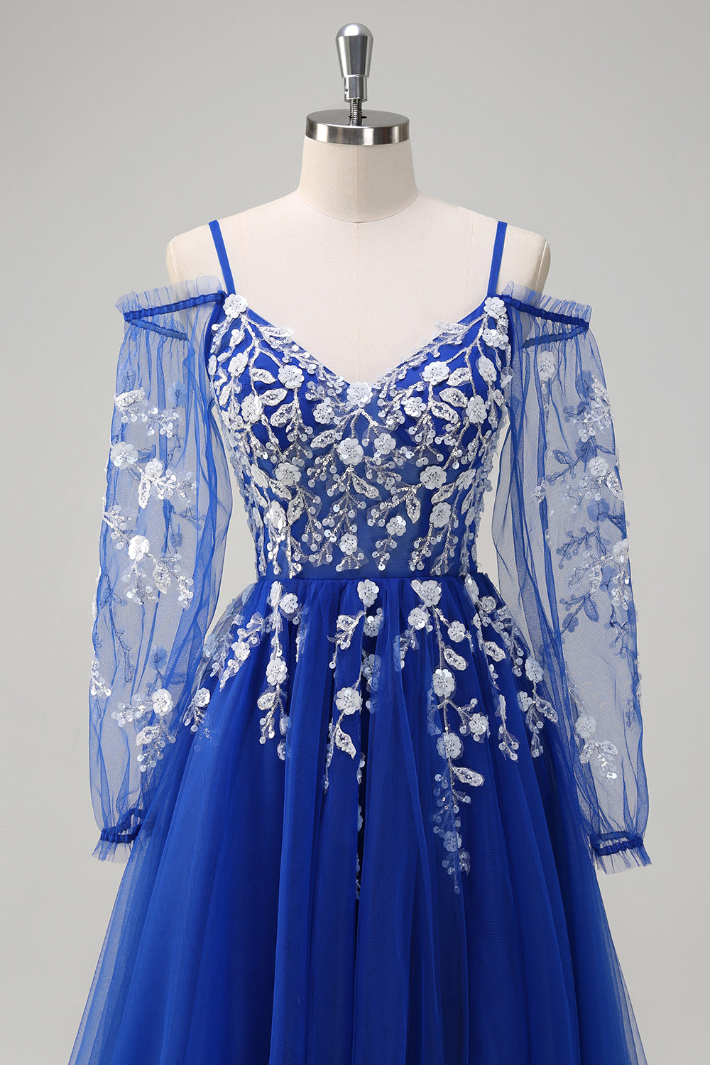 Blush A-Linie Kalte Schulter Korsett Appliziertes langes Ballkleid mit Schlitz
