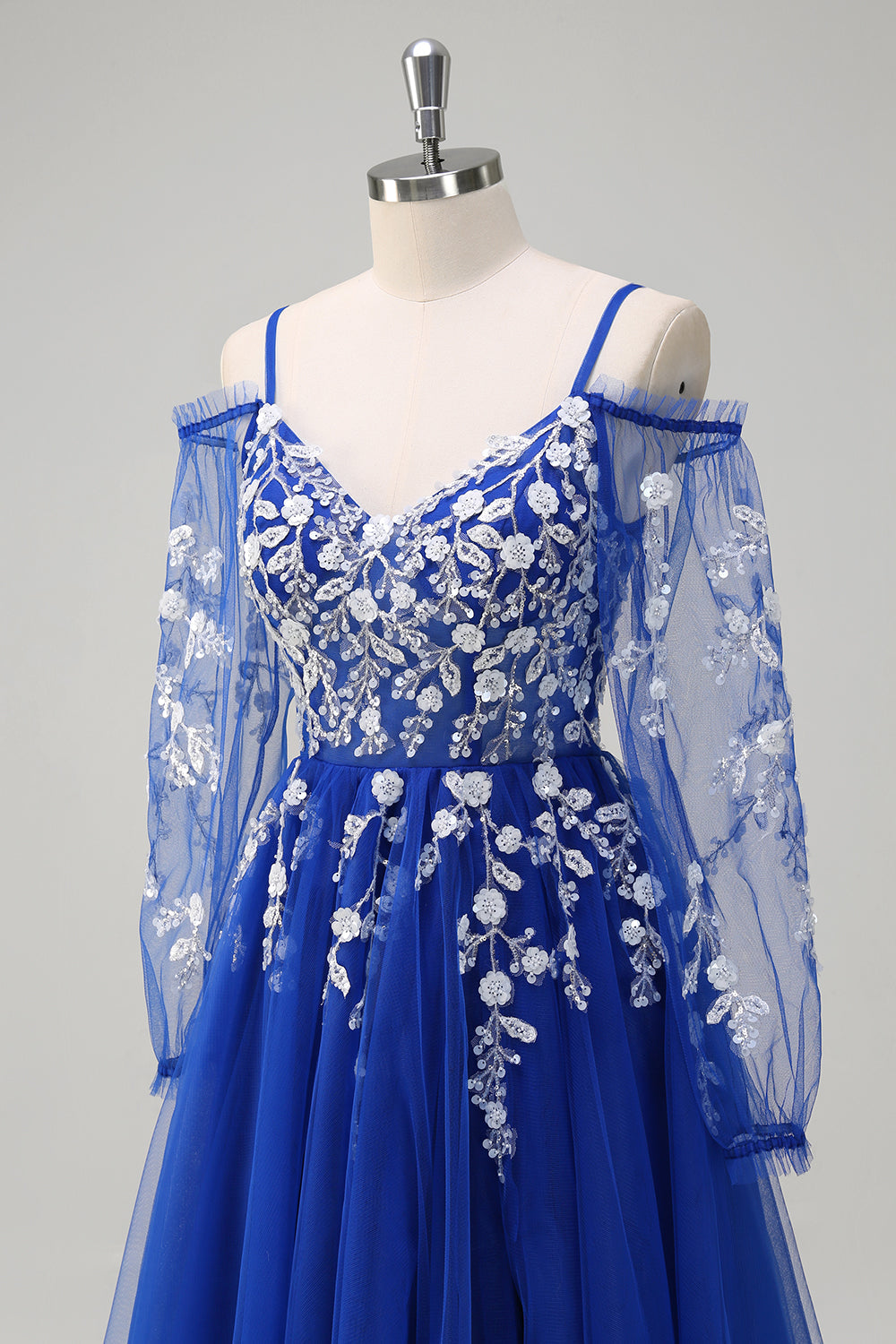 Blush A-Linie Kalte Schulter Korsett Appliziertes langes Ballkleid mit Schlitz