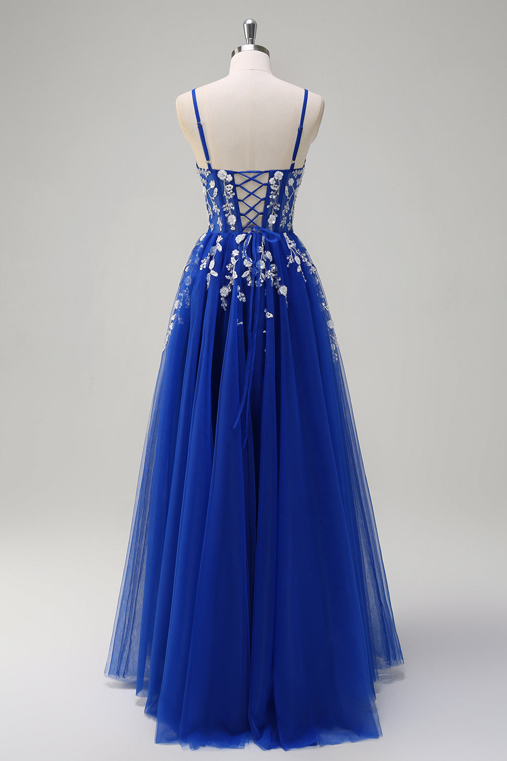 Königsblaues A-Linie Pailletten Ballkleid mit Spaghettiträgern und Schlitz