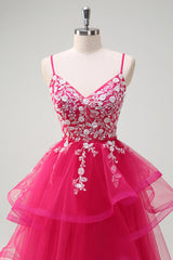 Glitzerndes fuchsia A-Linie Spaghettiträger Rüschen Langes Tüll Ballkleid mit Applikationen