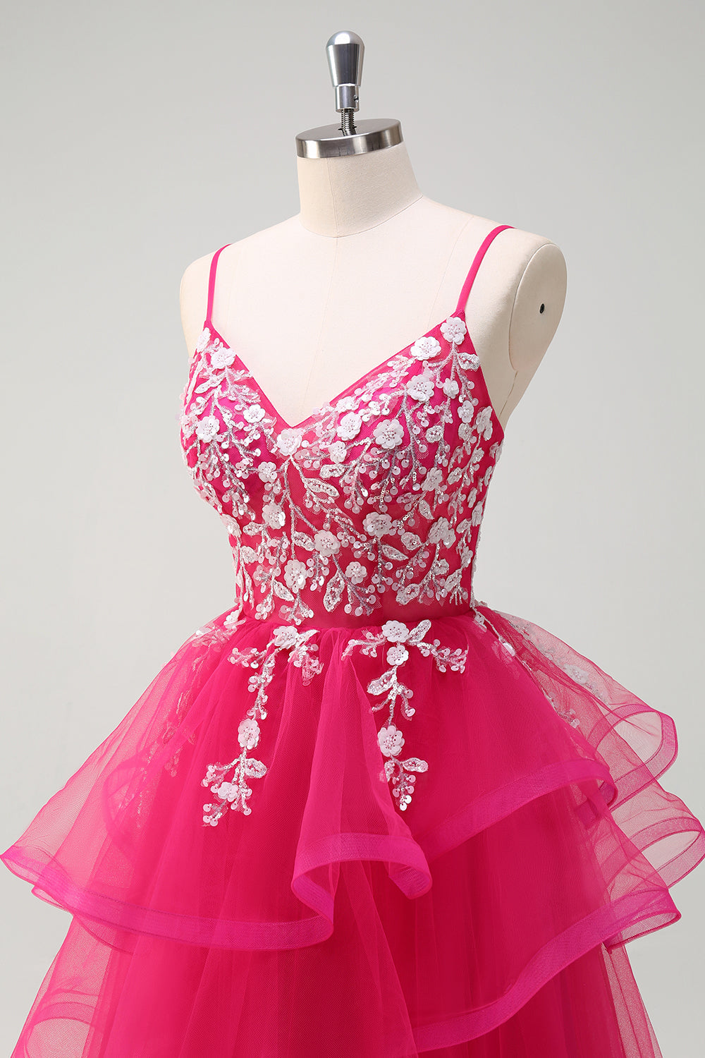 Glitzerndes fuchsia A-Linie Spaghettiträger Rüschen Langes Tüll Ballkleid mit Applikationen