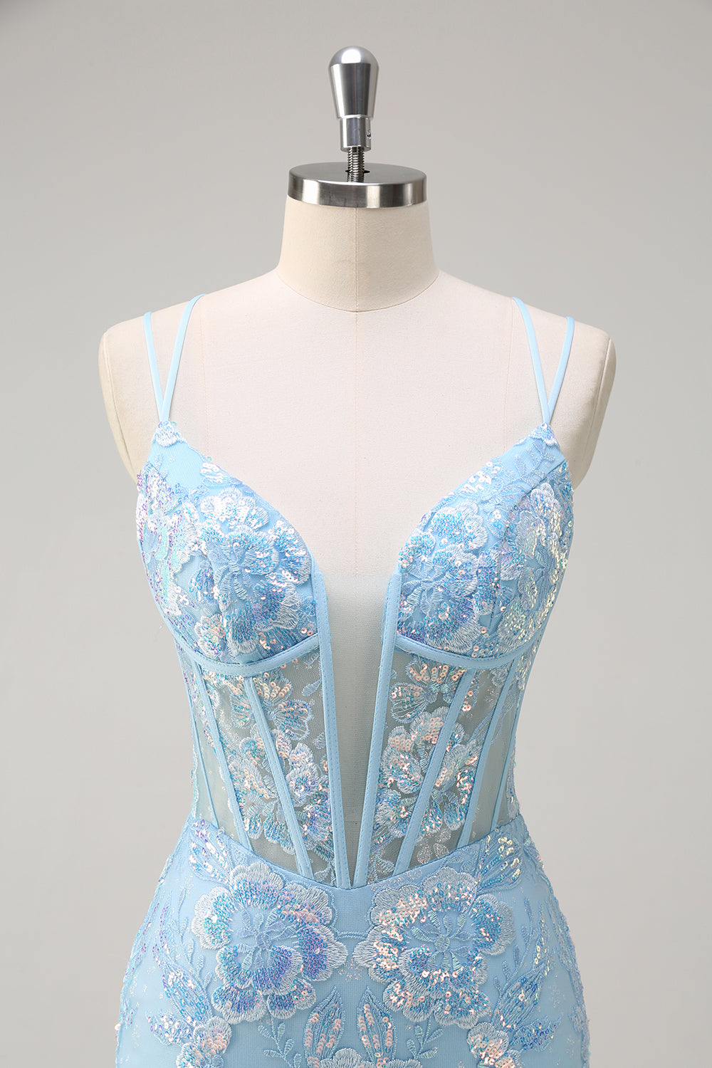Funkelndes blaues Meerjungfrauen Spaghettiträger Pailletten Langes Ballkleid mit Stickerei