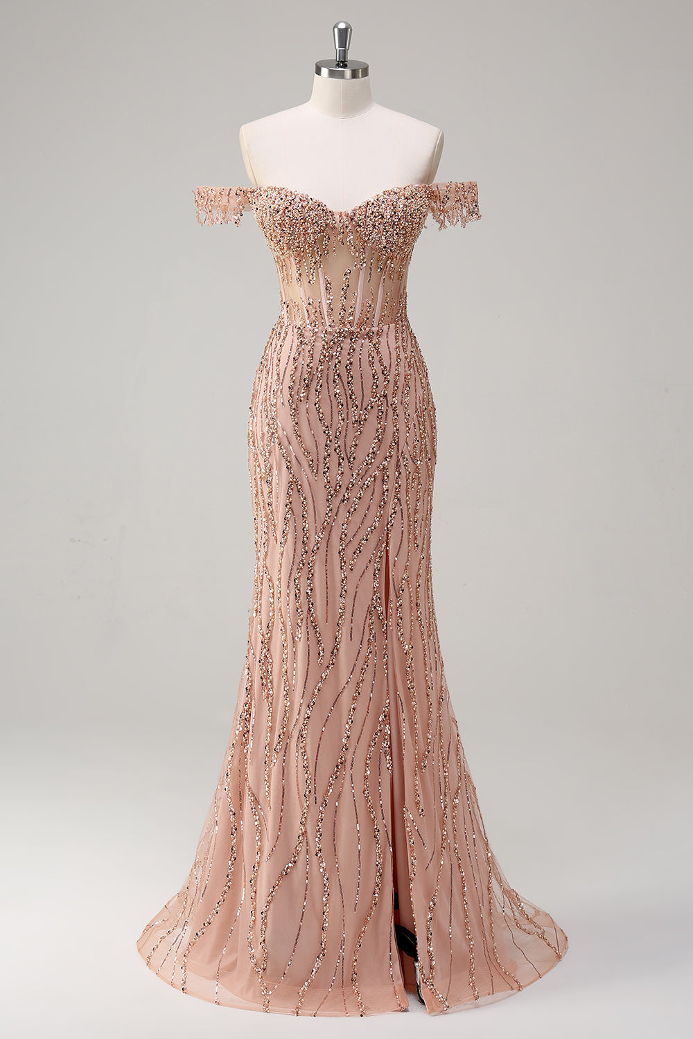 ZAPAKA Damen Glitzerndes Dusty Rose Schulterfreies Ballkleid mit Schlitz Perlenbesetztes Meerjungfrauen Abendkleid