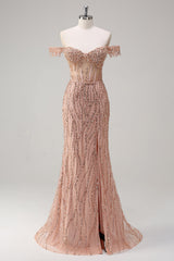 ZAPAKA Damen Glitzerndes Dusty Rose Schulterfreies Ballkleid mit Schlitz Perlenbesetztes Meerjungfrauen Abendkleid