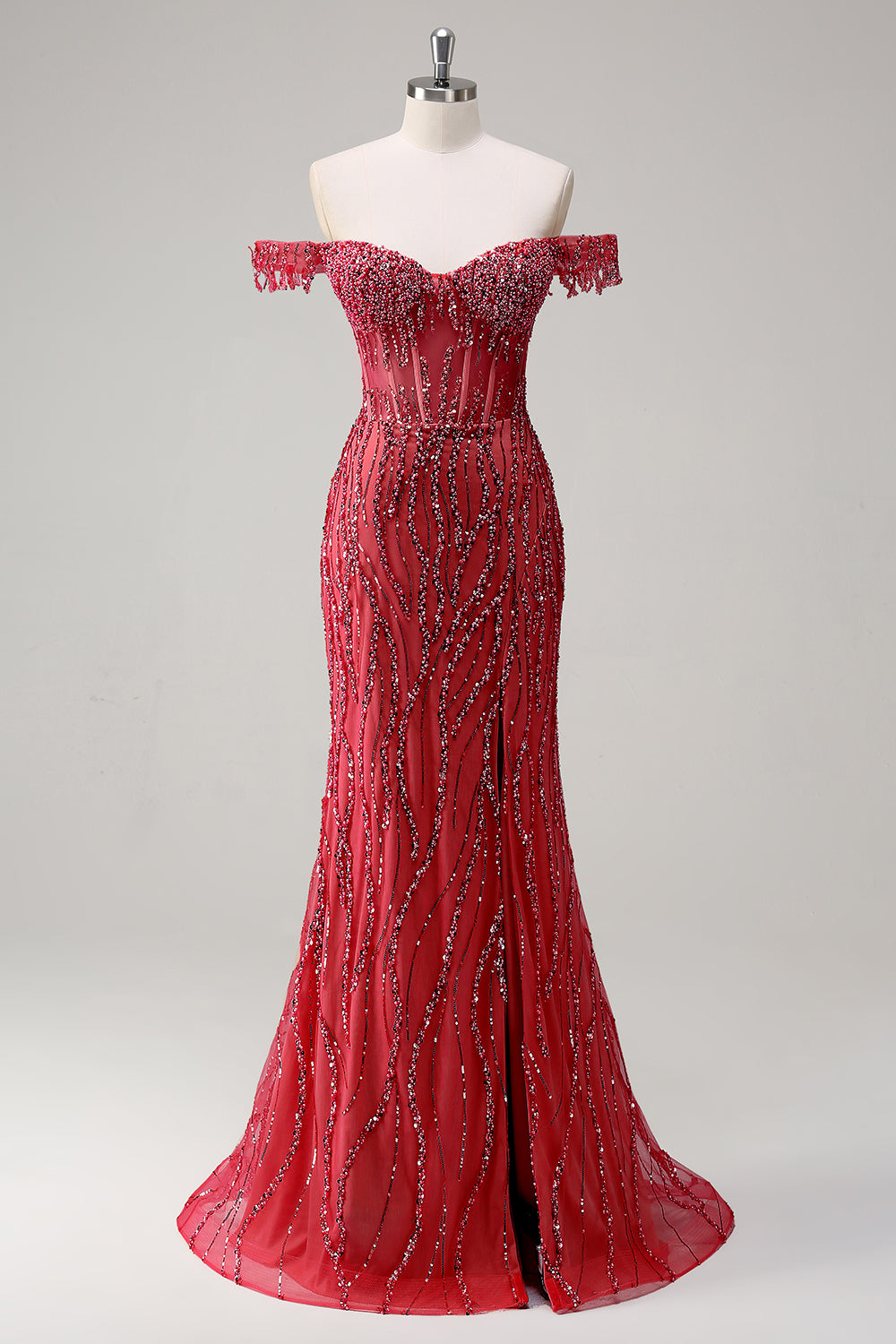 Funkelndes Dusty Rose Mermaid Schulterfreies Langes Ballkleid mit Schlitz