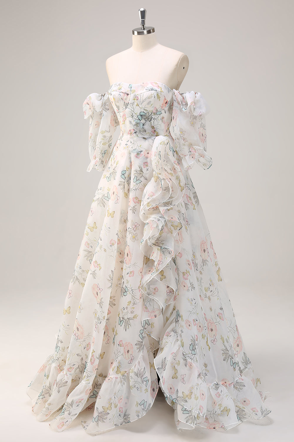 Weißes geblümtes A-Linie Schulterfreies Ballkleid mit Blumendruck und Schlitz