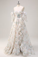 Weißes geblümtes A-Linie Schulterfreies Ballkleid mit Blumendruck und Schlitz