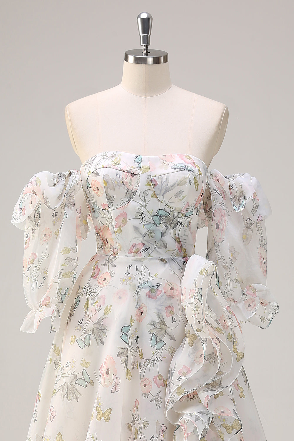 Weißes geblümtes A-Linie Schulterfreies Ballkleid mit Blumendruck und Schlitz