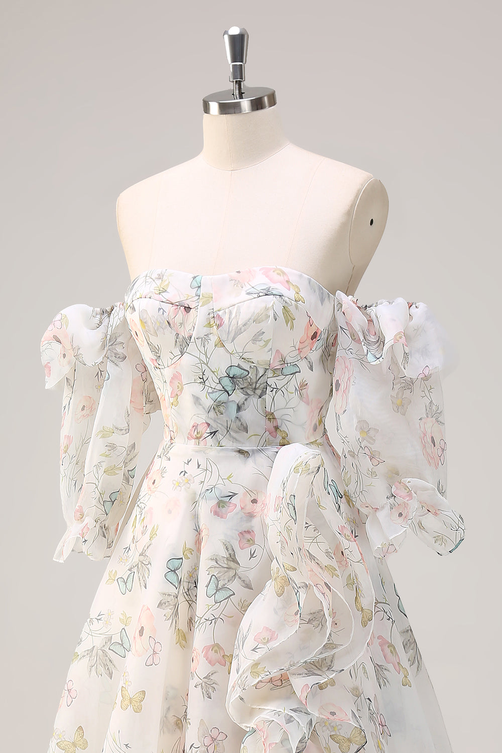 Weißes geblümtes A-Linie Schulterfreies Ballkleid mit Blumendruck und Schlitz