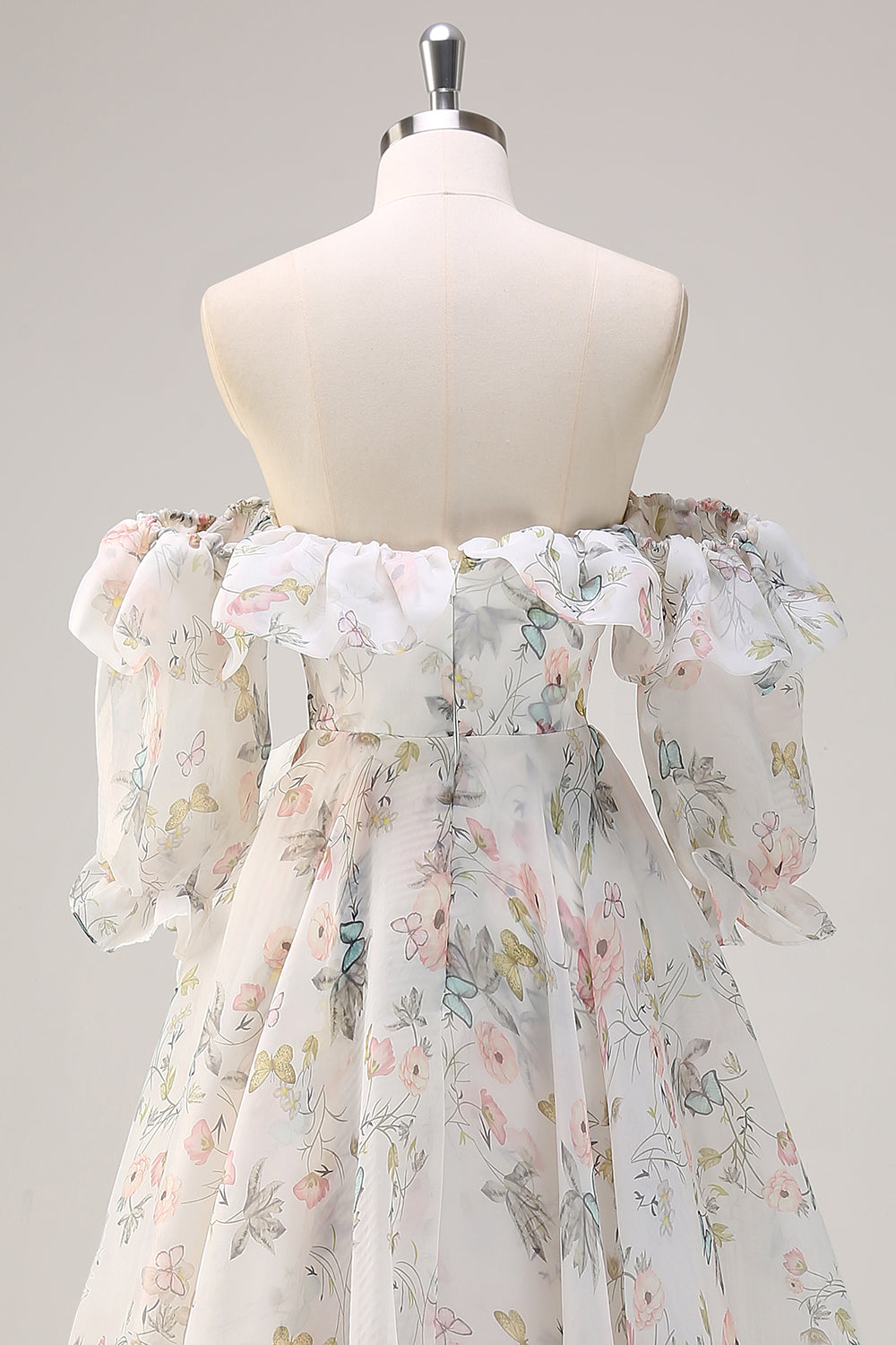 Weißes geblümtes A-Linie Schulterfreies Ballkleid mit Blumendruck und Schlitz