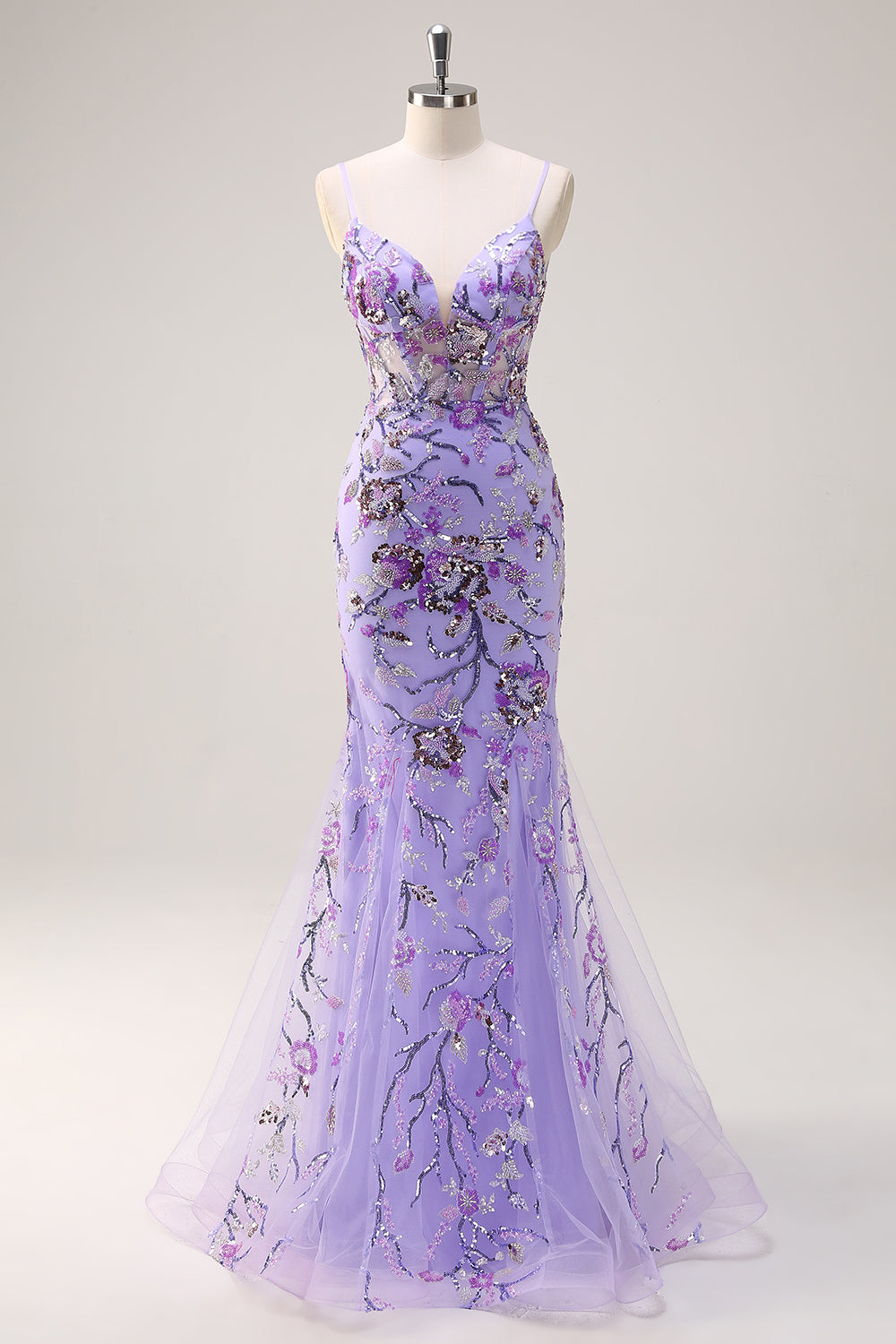Glitzerndes lila Meerjungfrau Spaghettiträger Korsett Langes Pailletten Ballkleid