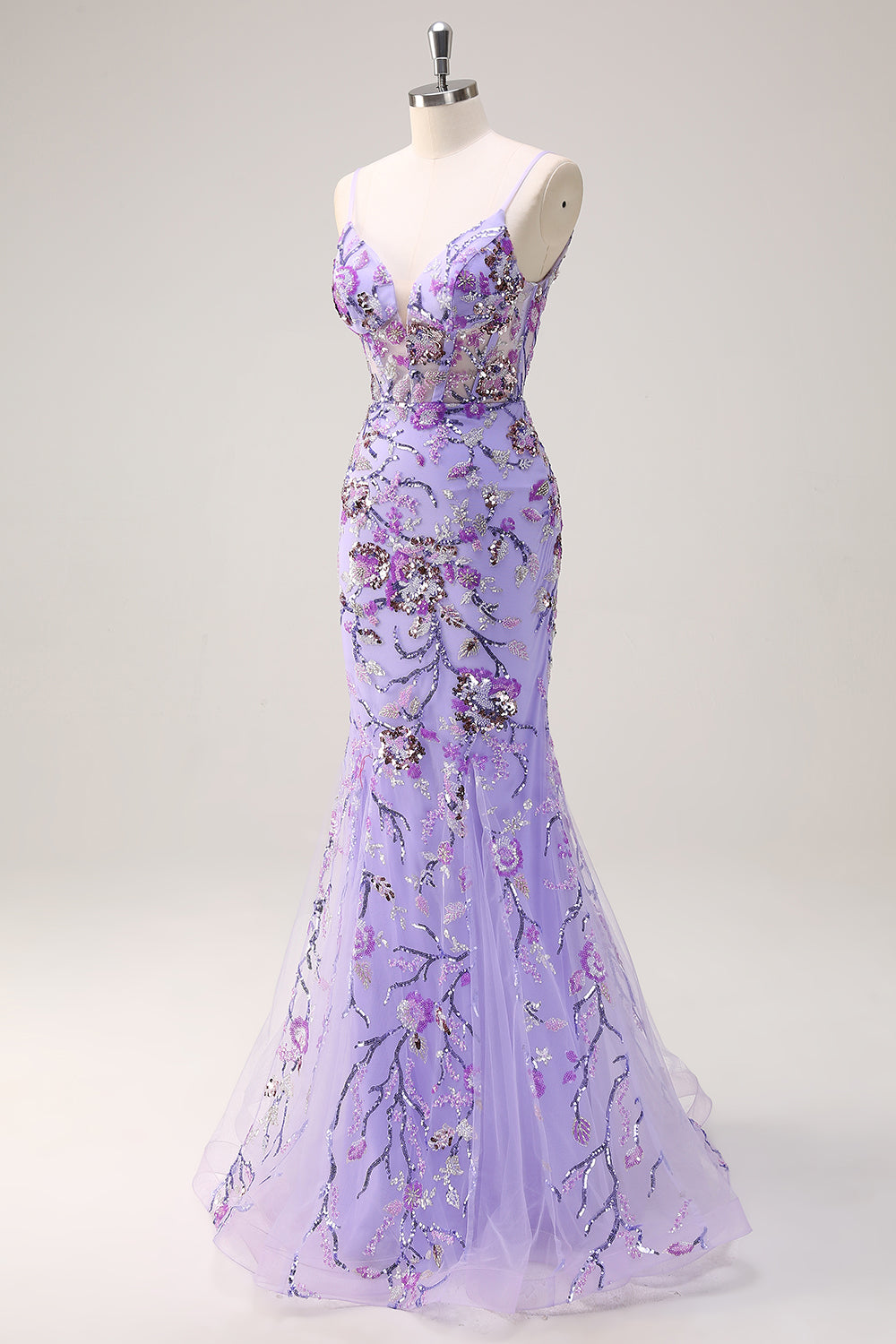 Glitzerndes lila Meerjungfrau Spaghettiträger Korsett Langes Pailletten Ballkleid