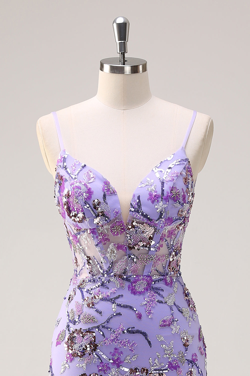 Glitzerndes lila Meerjungfrau Spaghettiträger Korsett Langes Pailletten Ballkleid