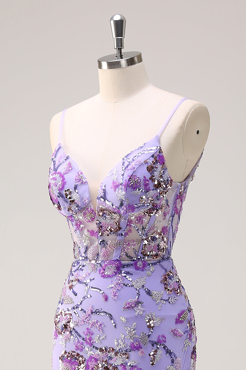 Glitzerndes lila Meerjungfrau Spaghettiträger Korsett Langes Pailletten Ballkleid