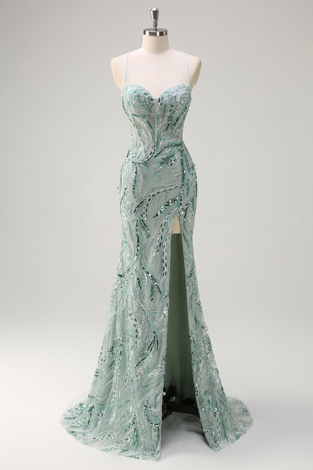 Zapaka Damen Glitzerndes Grünes Langes Ballkleid mit Schlitz Meerjungfrau Spaghettiträger Perlenbesetztes Abendkleid