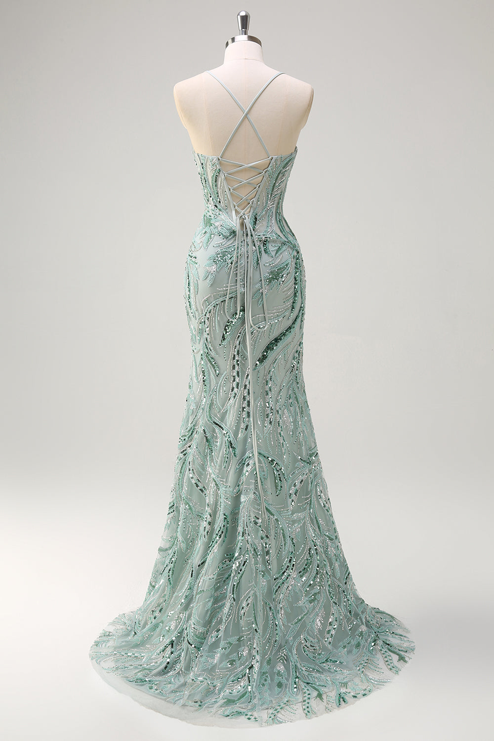 Glitzerndes Salbei Spaghettiträger Meerjungfrau Langes Pailletten Ballkleid mit Schlitz