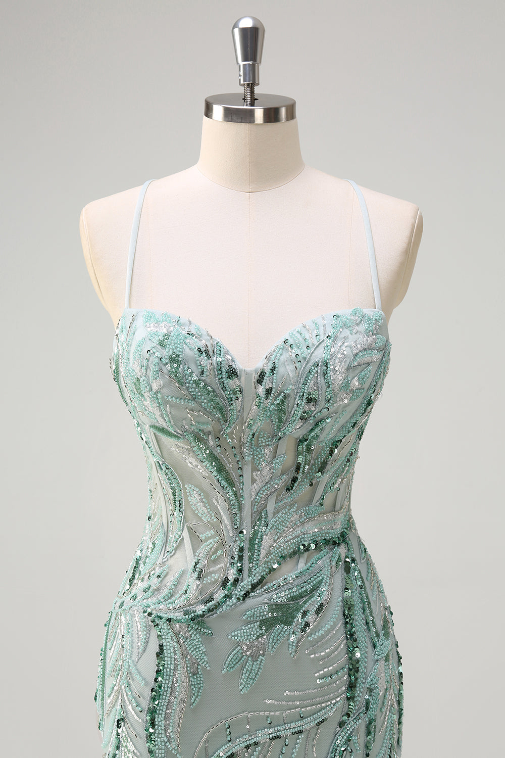 Glitzerndes Salbei Spaghettiträger Meerjungfrau Langes Pailletten Ballkleid mit Schlitz