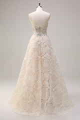 Helles Champagner Prinzessin Trägerloses Blumen Korsett Langes Ballkleid mit Pailletten