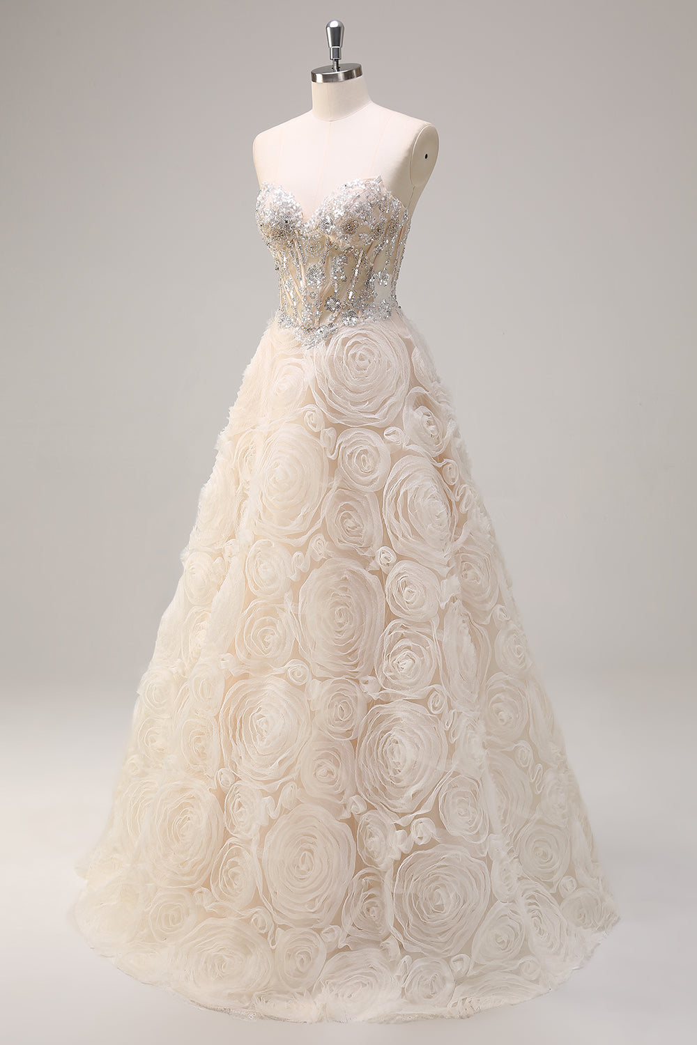 Helles Champagner Prinzessin Trägerloses Blumen Korsett Langes Ballkleid mit Pailletten
