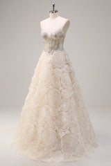 Helles Champagner Prinzessin Trägerloses Blumen Korsett Langes Ballkleid mit Pailletten
