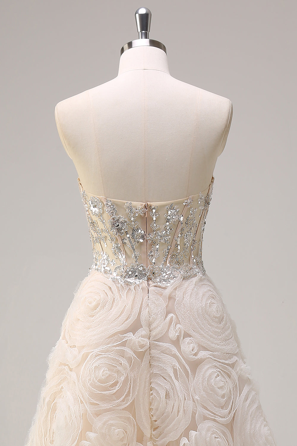 Helles Champagner Prinzessin Trägerloses Blumen Korsett Langes Ballkleid mit Pailletten
