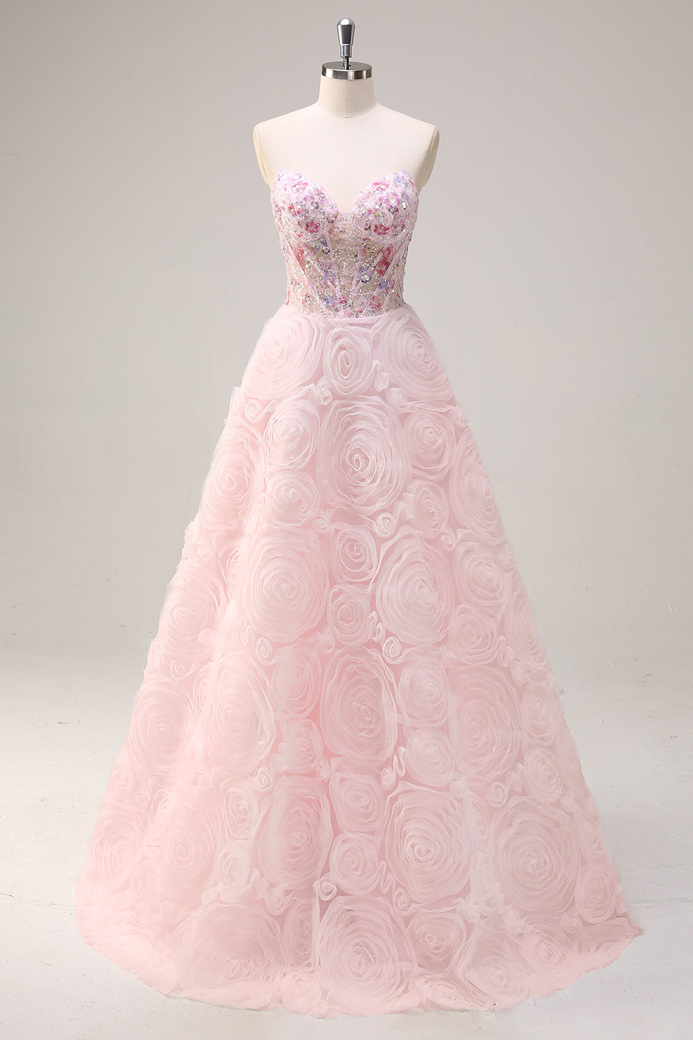 Glitzerndes Prinzessin Rosa trägerloses Korsett Geblümtes langes Ballkleid mit Pailletten