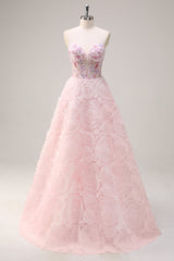 Funkelndes rosa Prinzessin trägerloses Blumen Korsett Langes Ballkleid mit Pailletten