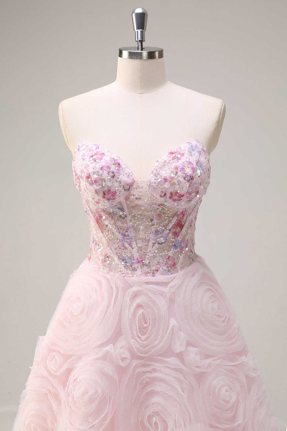 Funkelndes rosa Prinzessin trägerloses Blumen Korsett Langes Ballkleid mit Pailletten